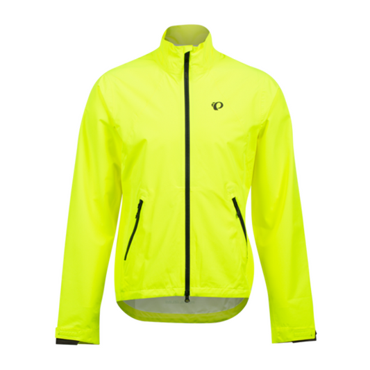 Yellow Pearl Izumi Monsoon cycling jacket with black zippers on a white background