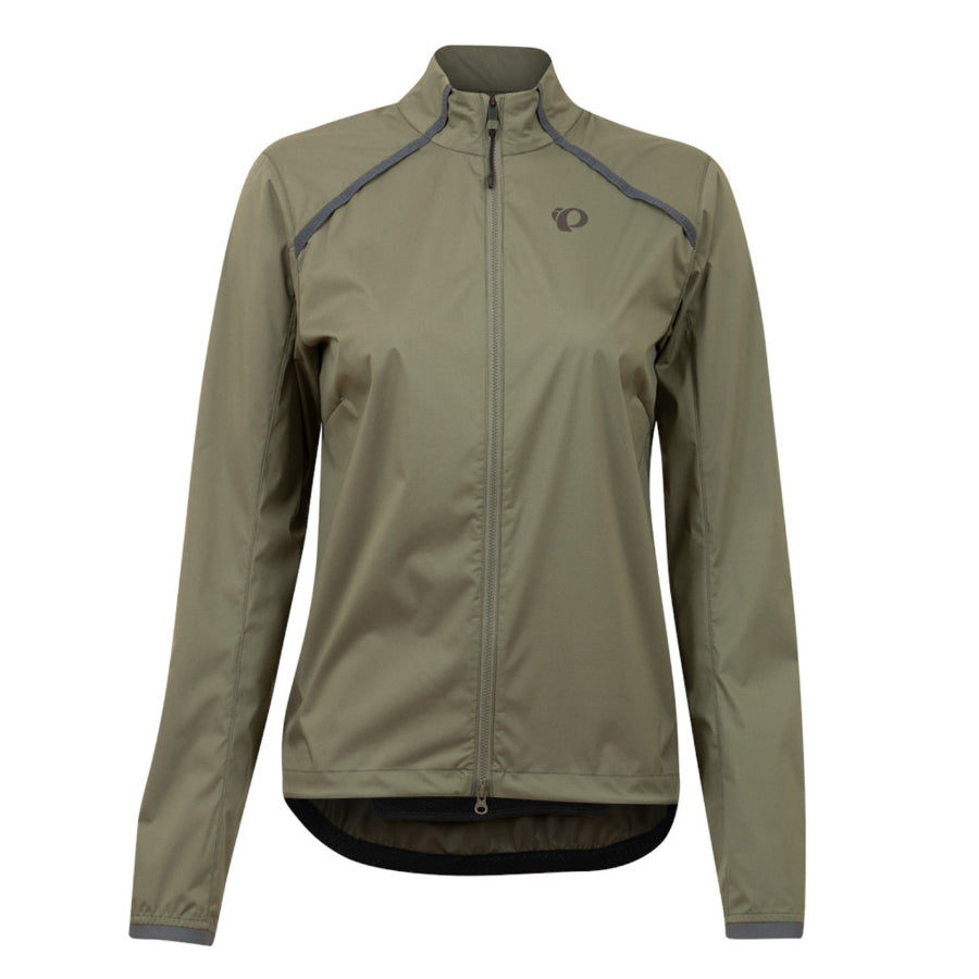 Olive Pearl Izumi Cycling wind jacket with a brand logo on a white background