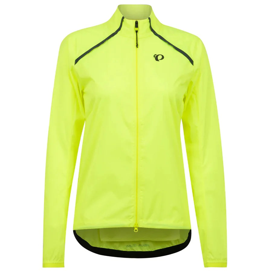Bright yellow Pearl Izumi cycling jacket with black accents on a white background