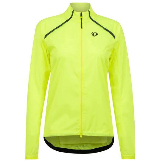 Bright yellow Pearl Izumi cycling jacket with black accents on a white background
