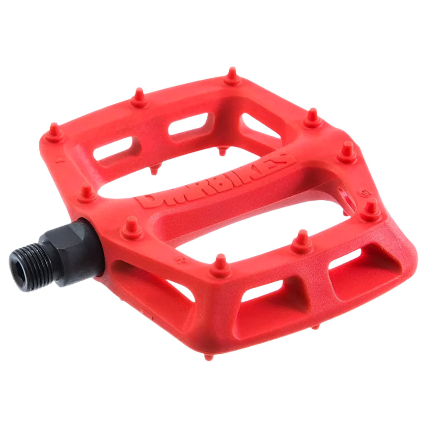 Red  DMR bicycle pedal with 'Duel' branding on a white background