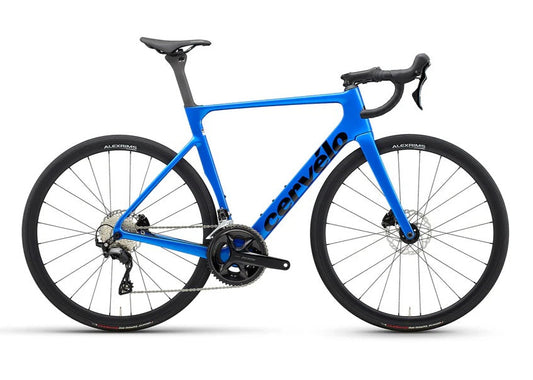 Blue CERVELO Soloist 105 12sp bicycle with black components on a white background