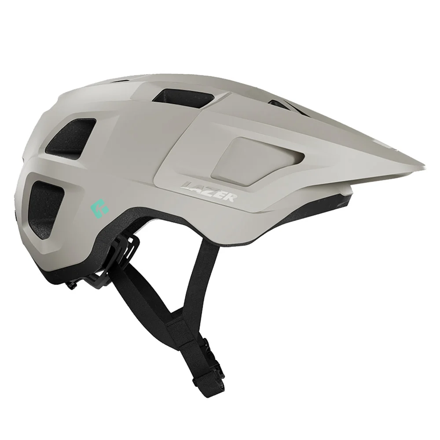 A matte light gray bicycle helmet with black ventilation grilles and black chin strap, featuring the Lazer brand name on the side.