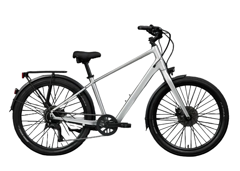 Scene 2 VLT Gen 2  electric bicycle with a sleek silver frame and black components, photographed from the side against a dark studio background.